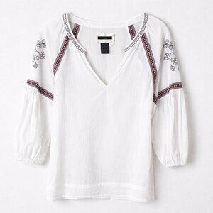 Sanctuary White 100% Cotton Peasant Top S | Embroidered V-Neck Boho Blouse